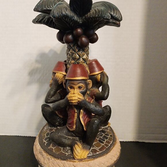 Three Wise Monkeys Around Palm Tree Candle Holder See Hear Speak No Evil 8"x5" - Picture 3 of 4